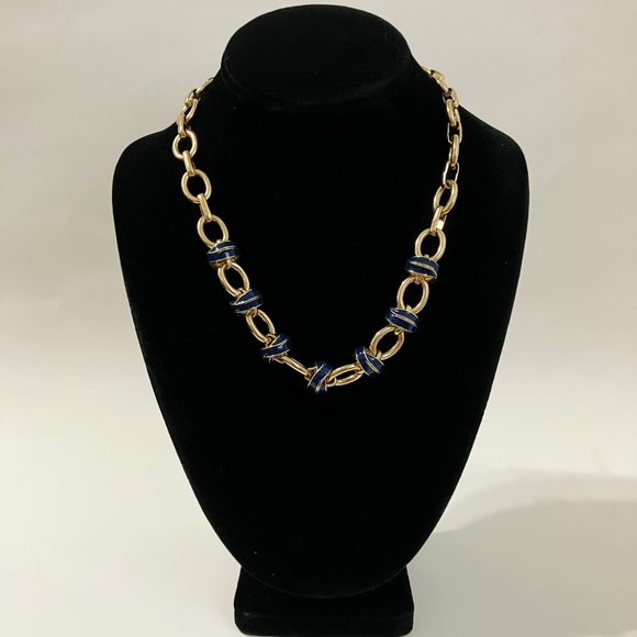 Nautical Choker Necklace Link Chain Enamel Knot Gold Tone Metal Lighthouse Tag - Picture 2 of 10